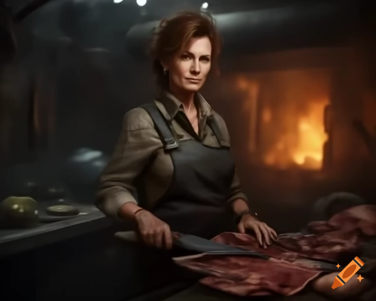 Mature female butcher in post-apocalyptic setting