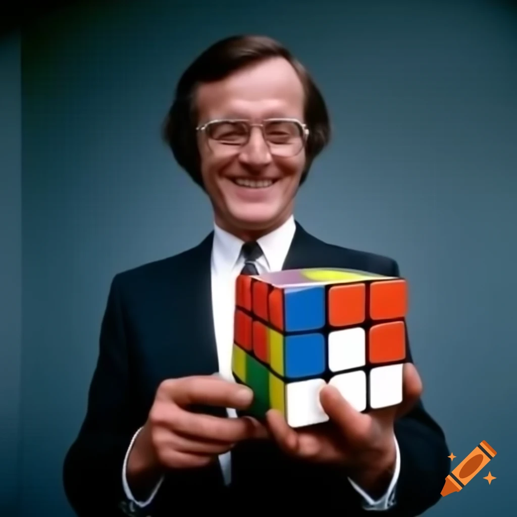 Conservative man from 1974 smiling with a colorful Rubik's Cube, photorealistic style