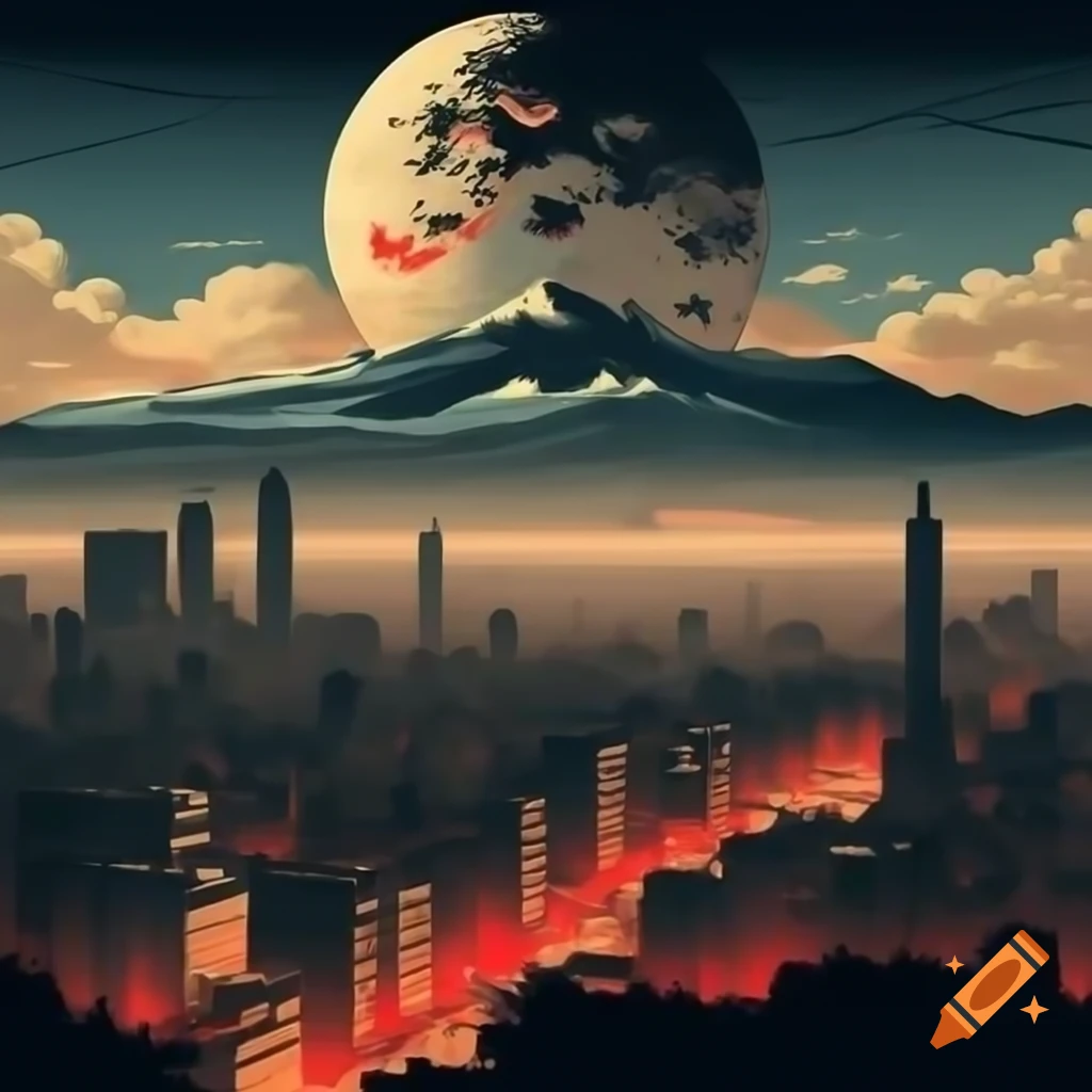 Tehran skyline with enormous moon in warm colors, Hokusai watercolor style