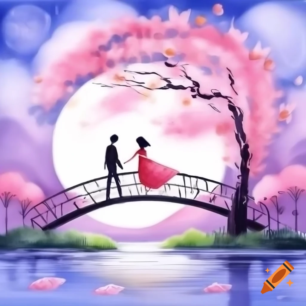 Couple silhouetted on arched bridge under cherry blossom tree with huge moon in watercolor