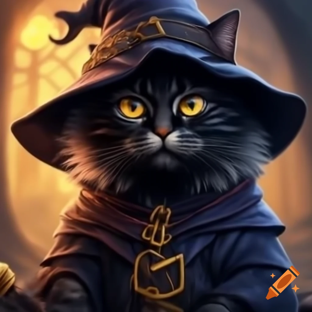 Black cat wizard with magical elements