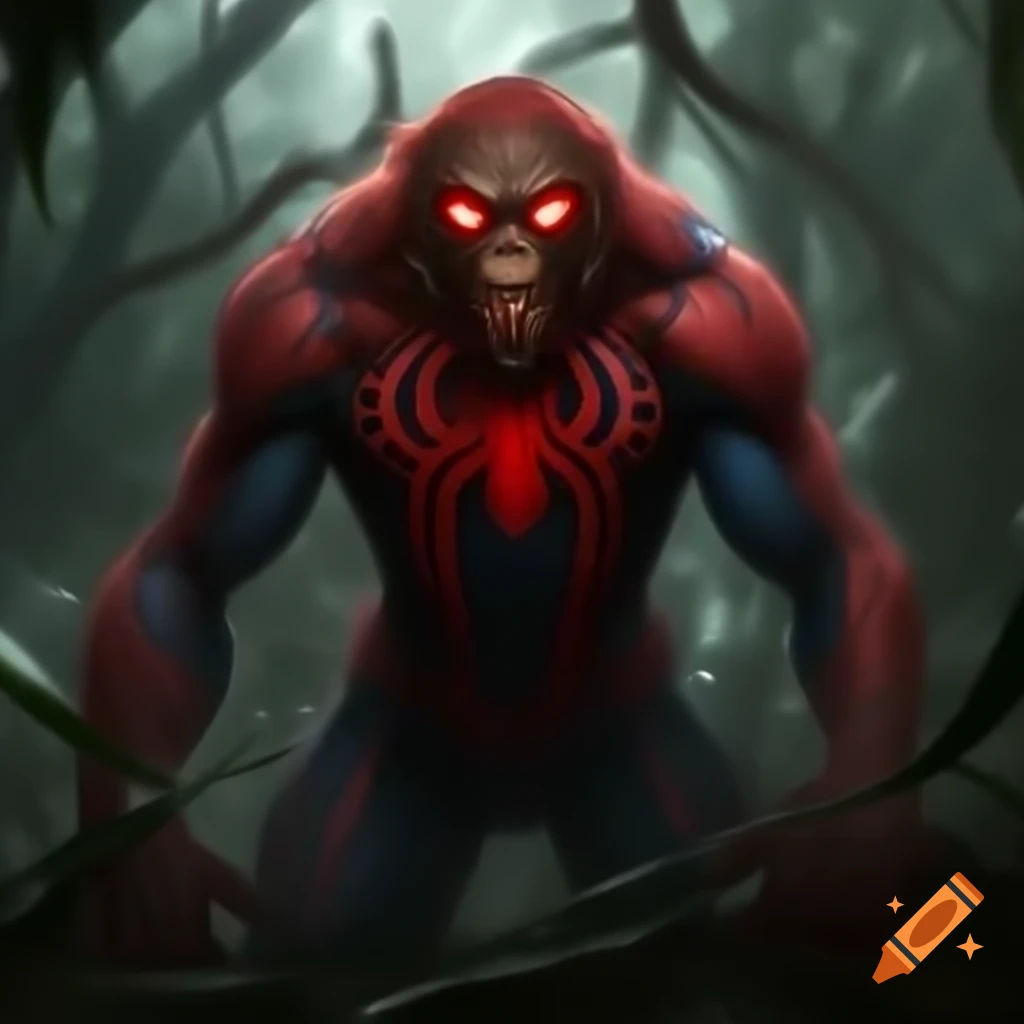 Fusion creature of monkey and Spider-Man in dark jungle with glowing red eyes