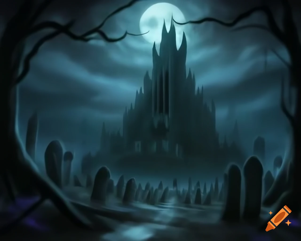 Ancient lich's castle illuminated by moonlight over creepy cemetery in dark forest