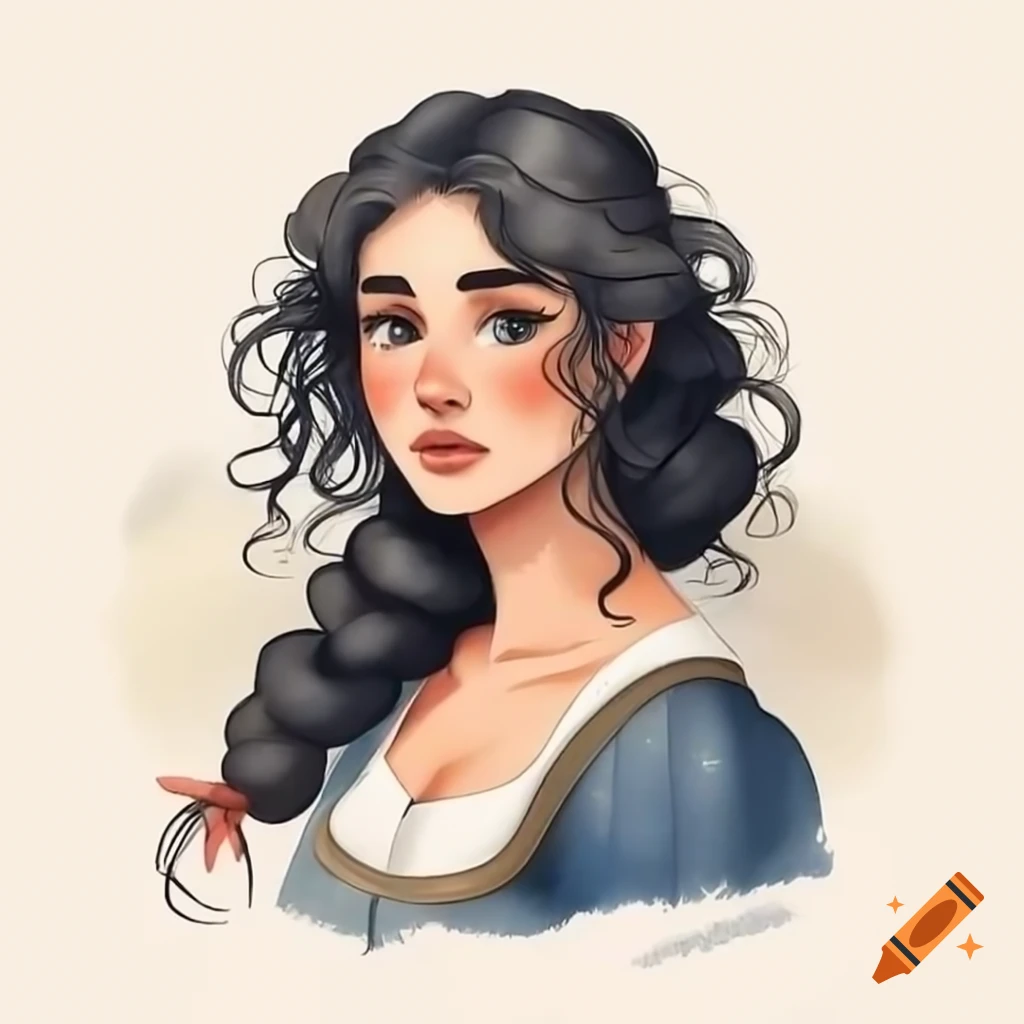 Midsize medieval peasant woman with dark curly hair in charming flat style