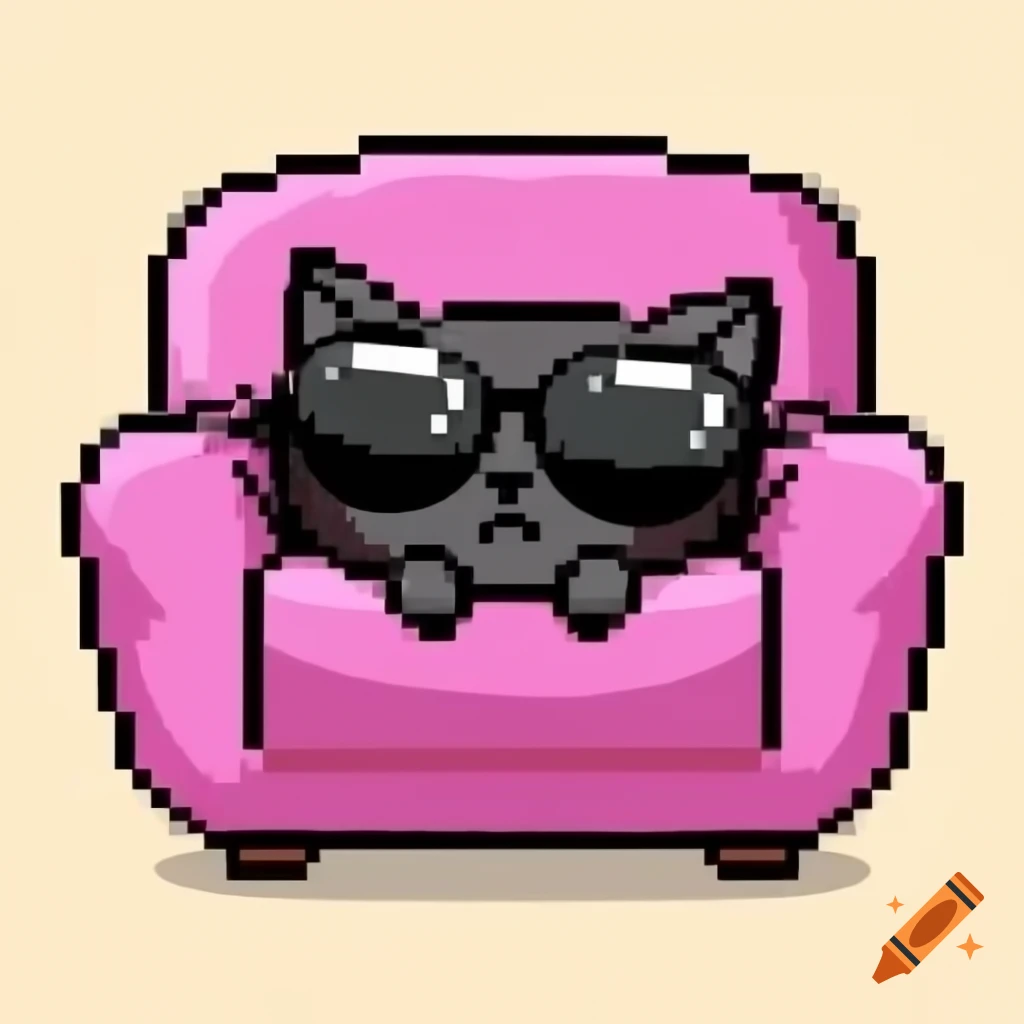 Cartoon pixel art of black cat with sunglasses sleeping on couch