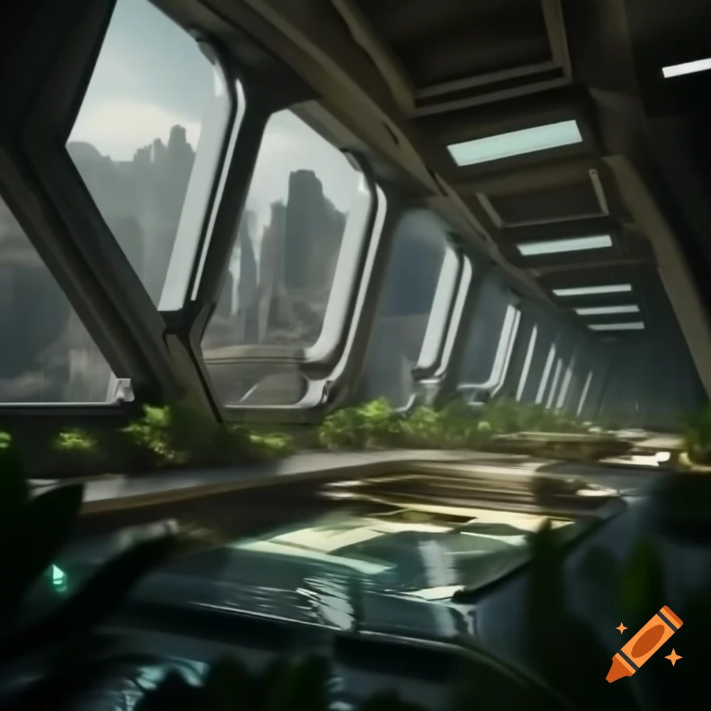 Interior view of futuristic building overlooking city on terraformed Mars with green plants and water