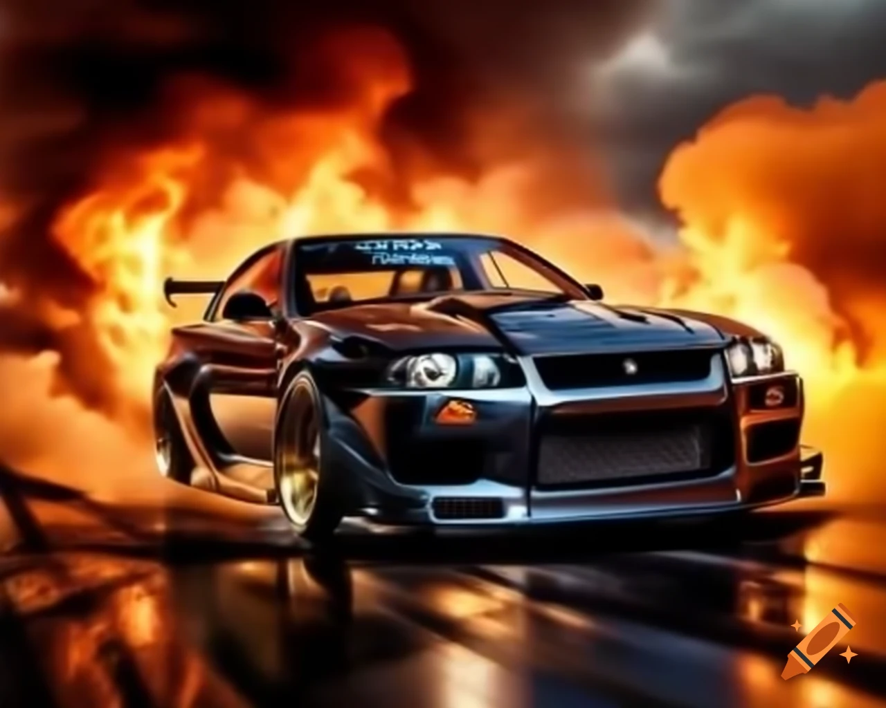 Nissan Skyline drifting amidst flames
