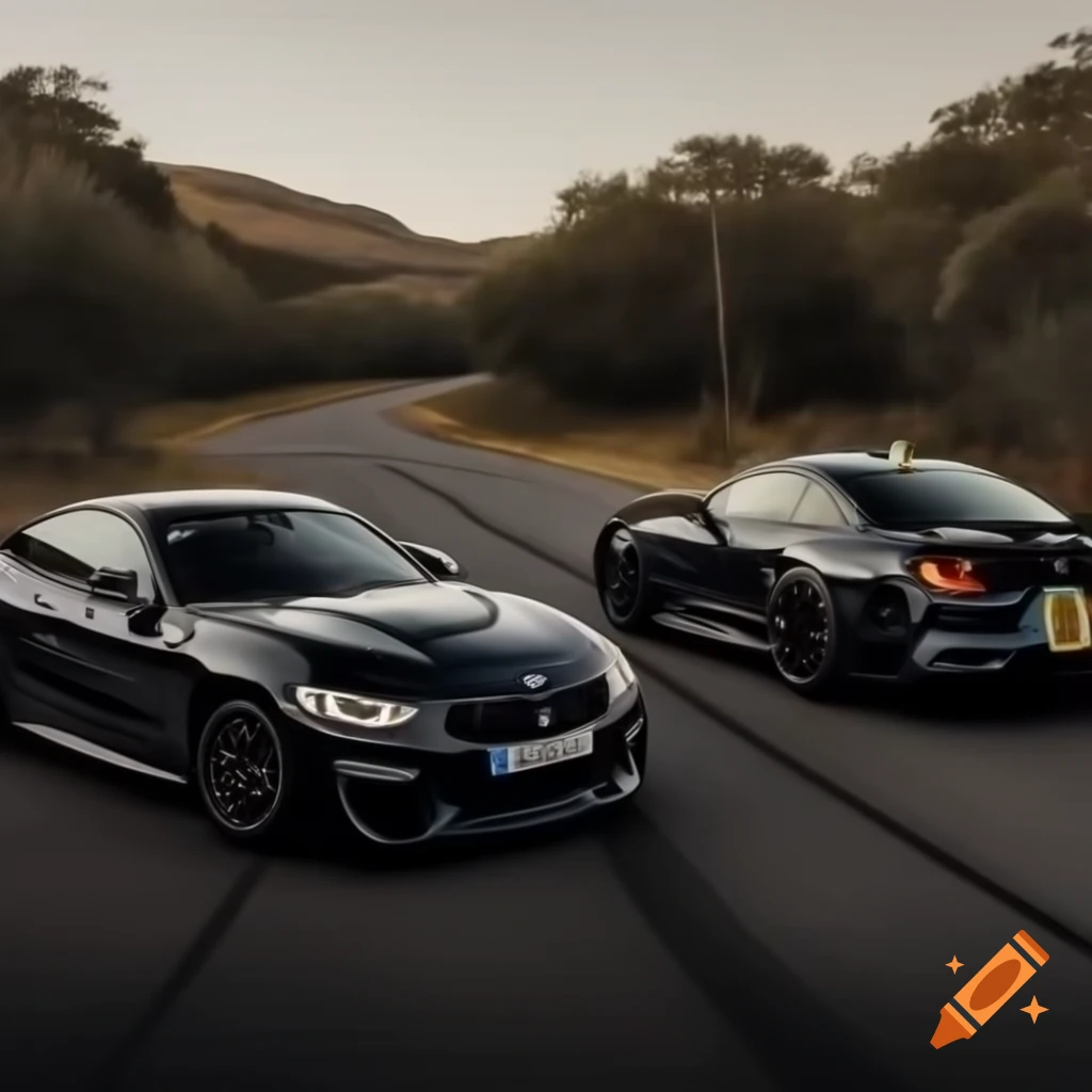 Black BMW and Mustang cars on a wild road
