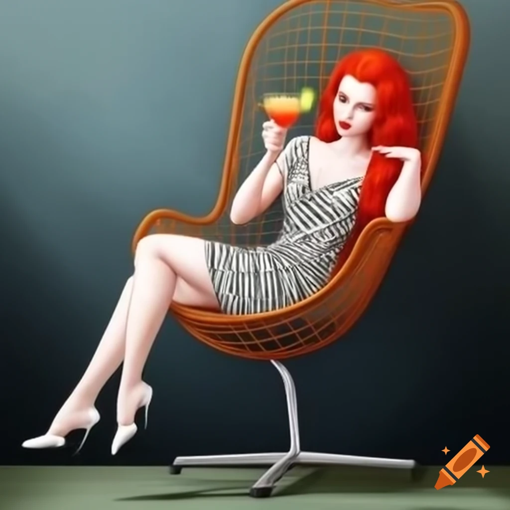 Red haired woman in slinky dress sipping cocktail, inspired by Max Ernst