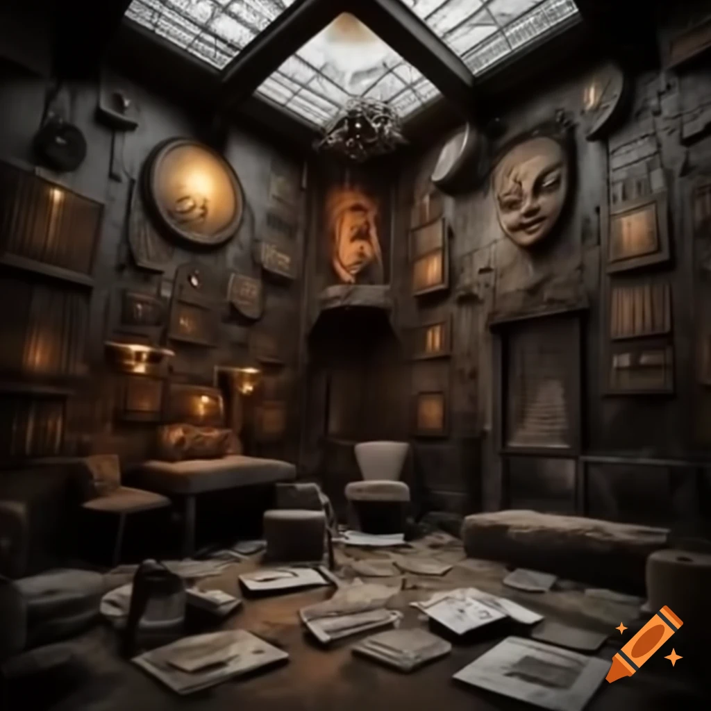 Scary house interior with large room featuring demonic drawings on the walls