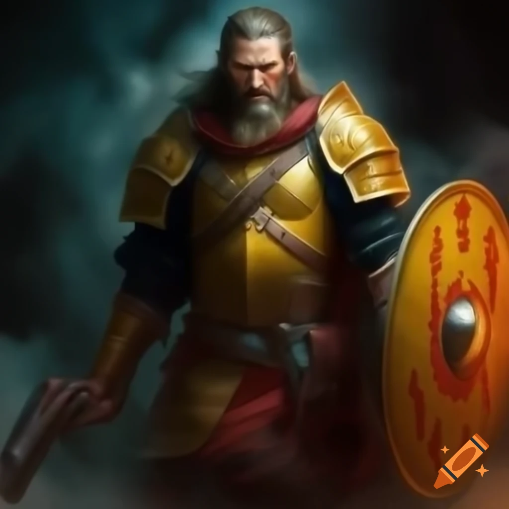Figure in yellow plate armor with shield and pistol amidst smoke of warfare