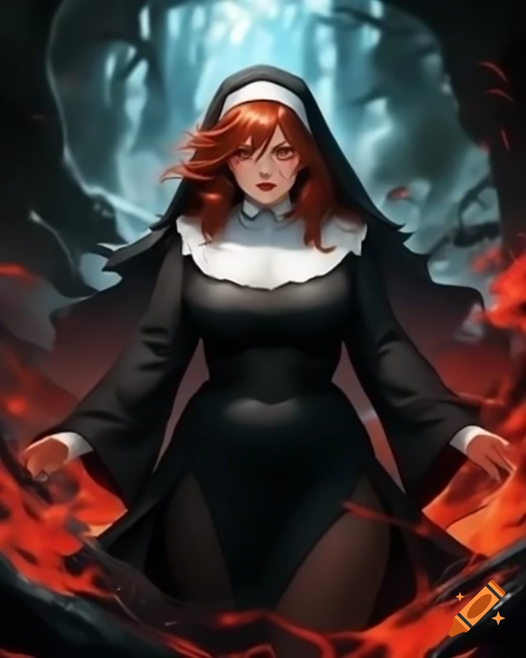 Fantasy character with brown hair and red highlights in black nun clothes, red glowing eyes, and blue flames
