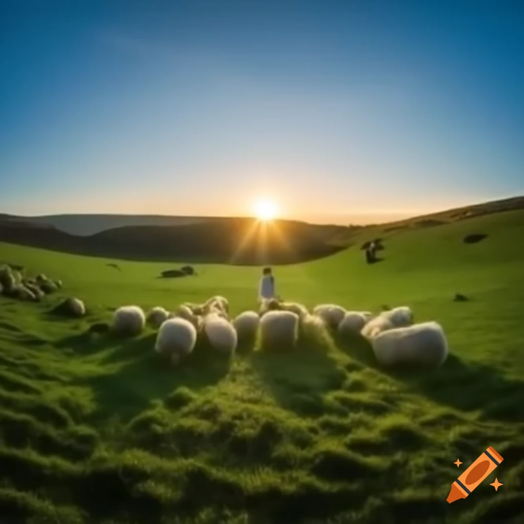 Shepherd leading flock of sheep in peaceful green meadow under clear blue sky