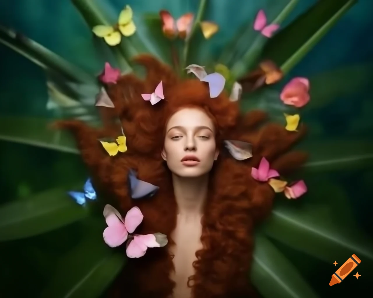 Hyper-realistic portrayal in lush tropical setting capturing feminine allure
