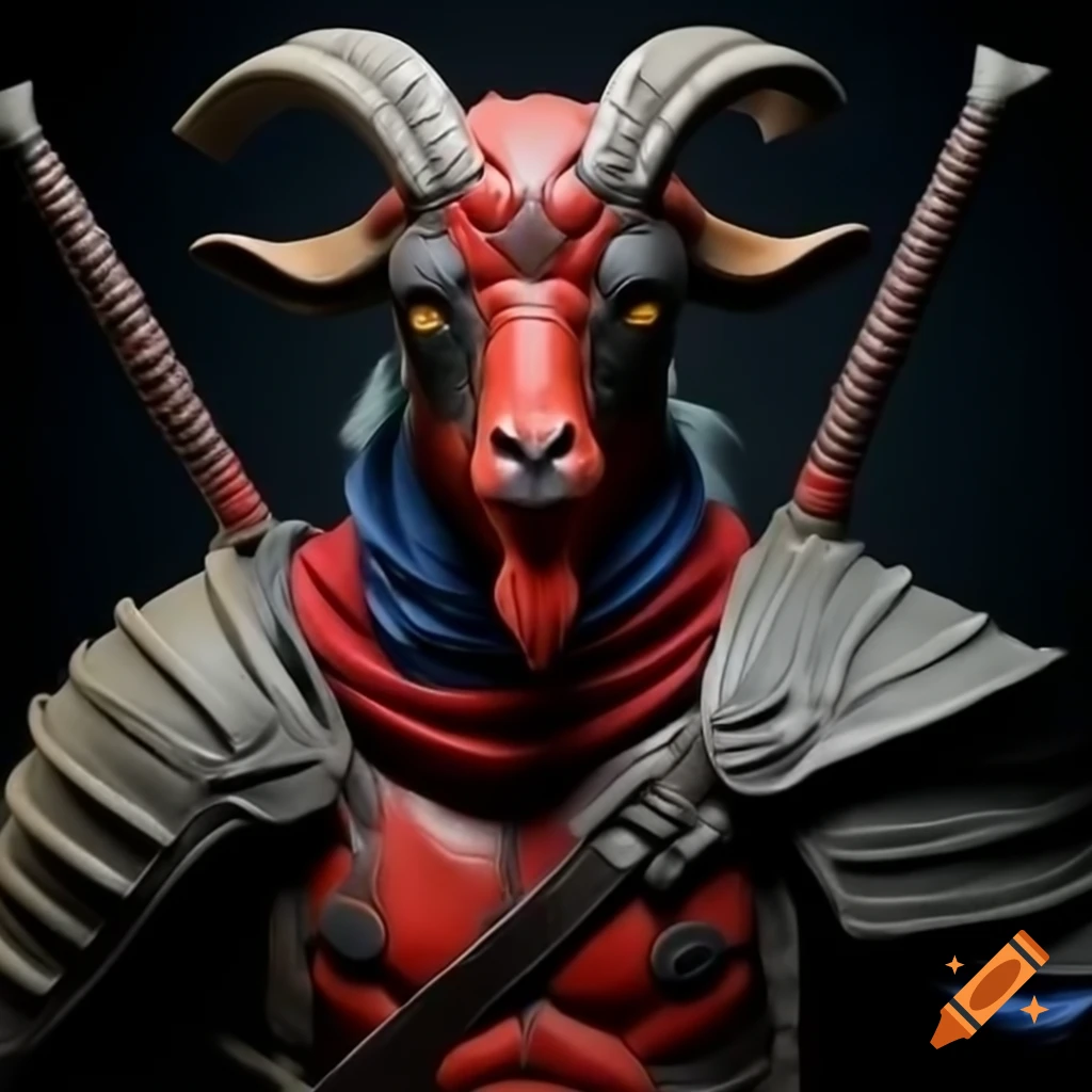 Ultra realistic anthropomorphic goat in armor with Deadpool colors in Dark Souls setting