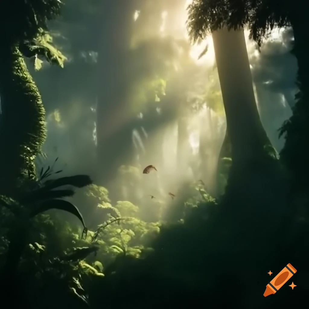 Lush dense jungle at sunrise with sunlight filtering through canopy