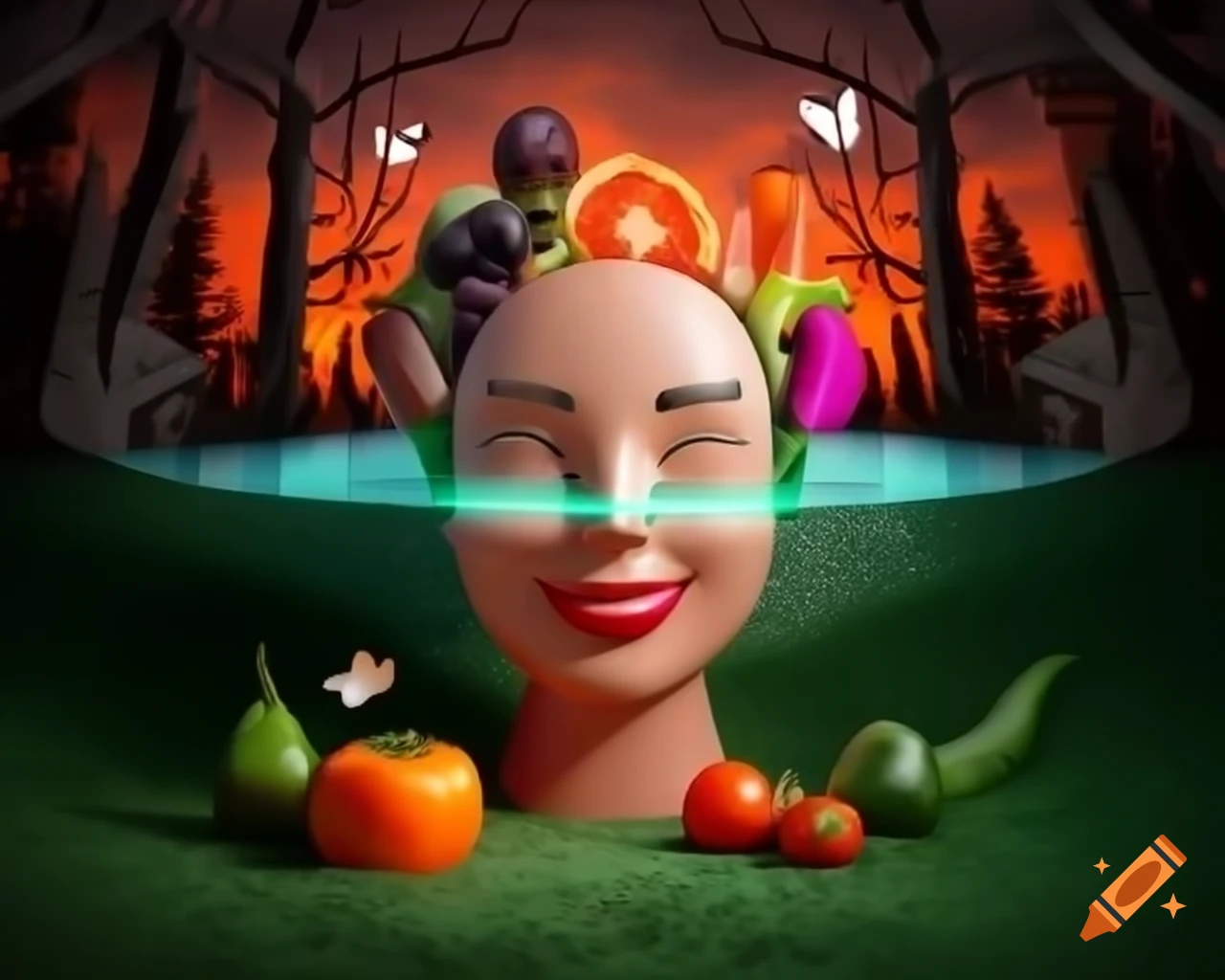 Surreal 3D render of woman's face in forest with wildflowers and butterflies