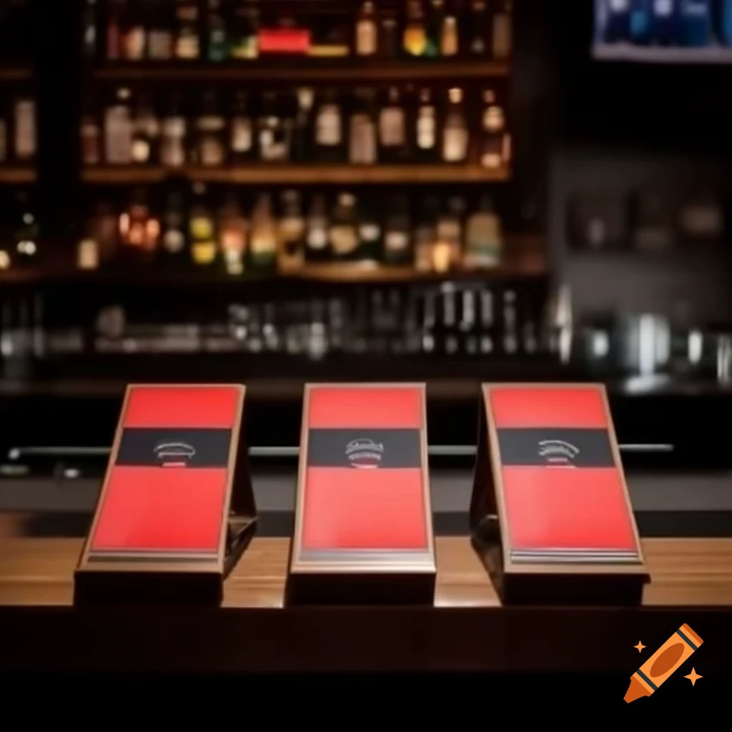 Red and black menu cards on counter in hockey arena bar