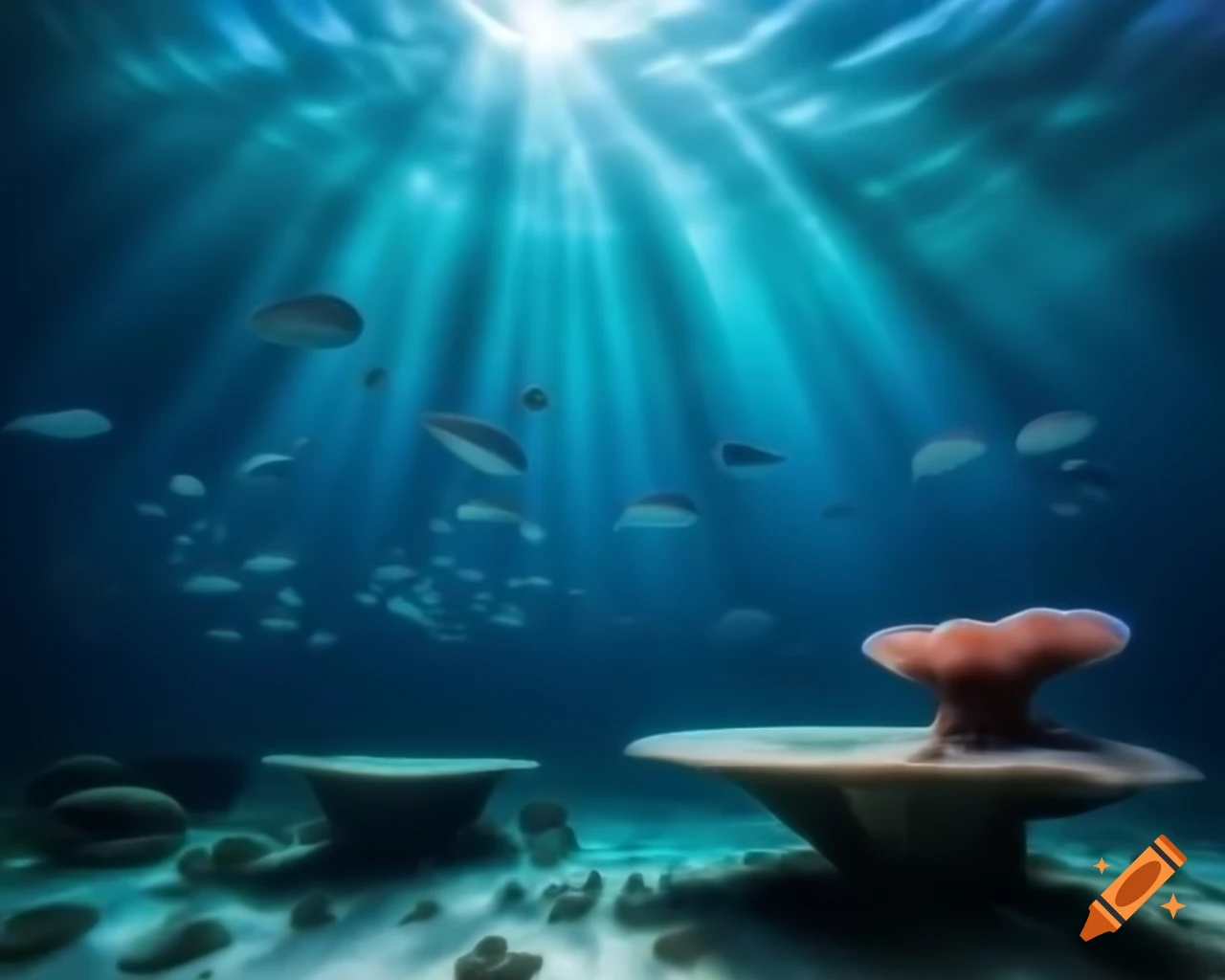 Mystical ocean mountain lake with clear waters and colorful fish among coral