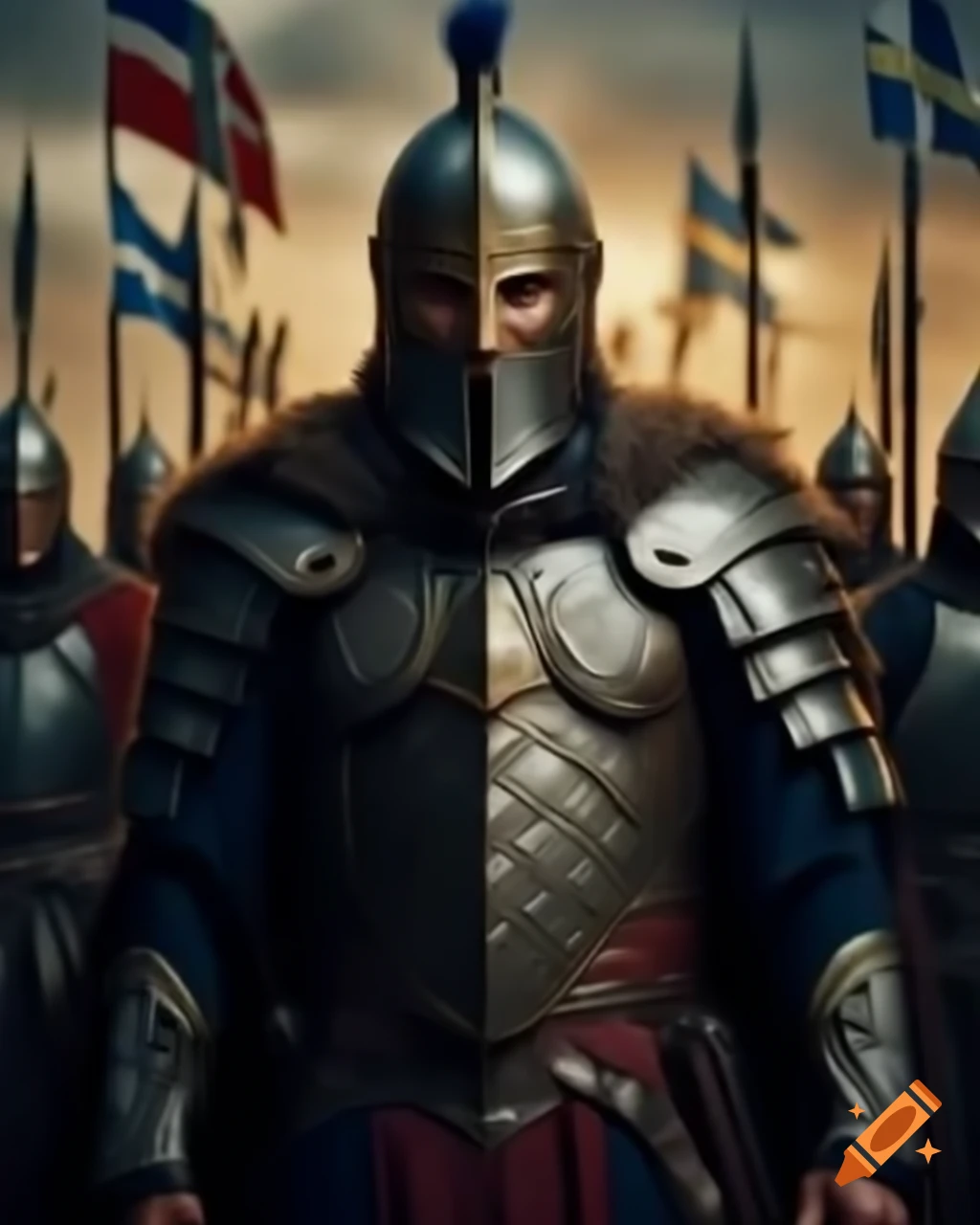 Warrior in Nordic and Celtic inspired armor, full body centered view