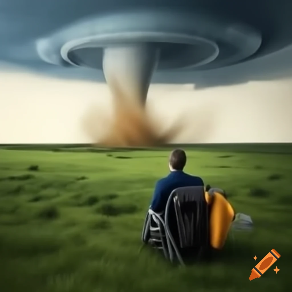 Prairie landscape with man in lawnchair observing tornado