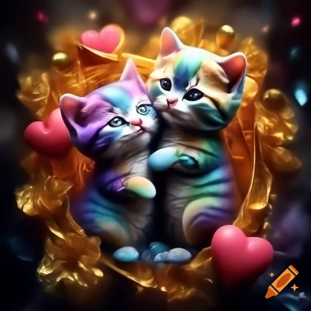 Adorable rainbow kitten with glitter hugging a multi-colored cat, surrounded by gold flowers and pink hearts
