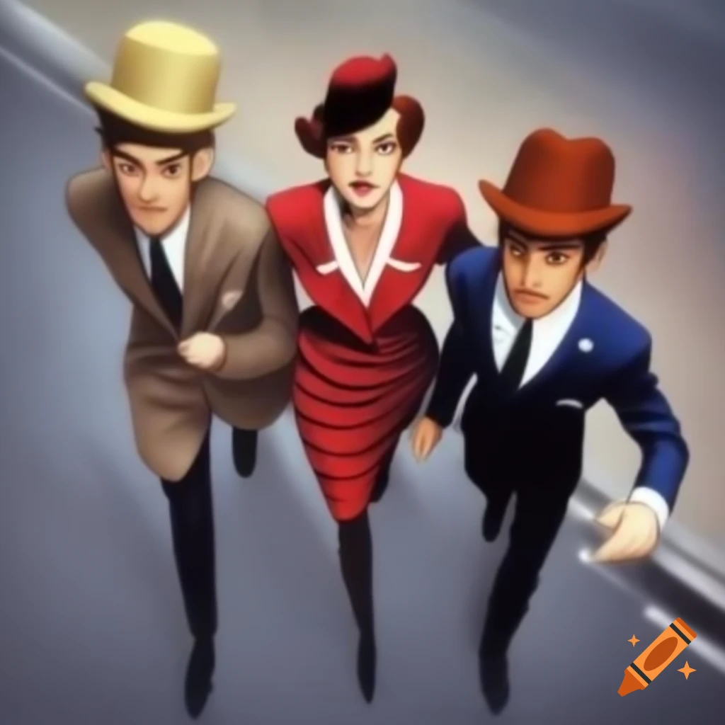 Dynamic poses of retro lady and two guys on showstage in anime style