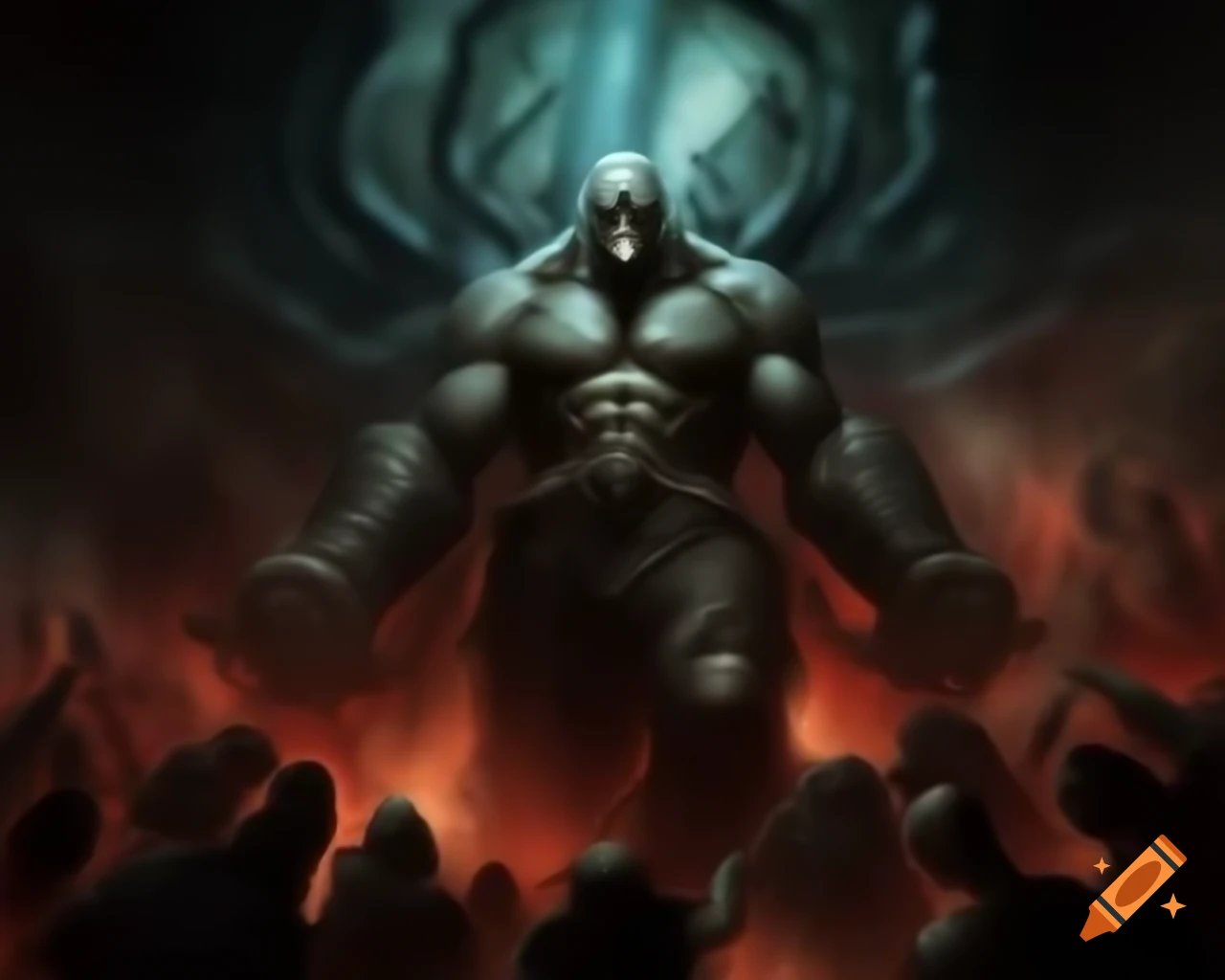 Artwork evoking Doom's brutal ambiance with chaotic imagery and hellspawn fighting