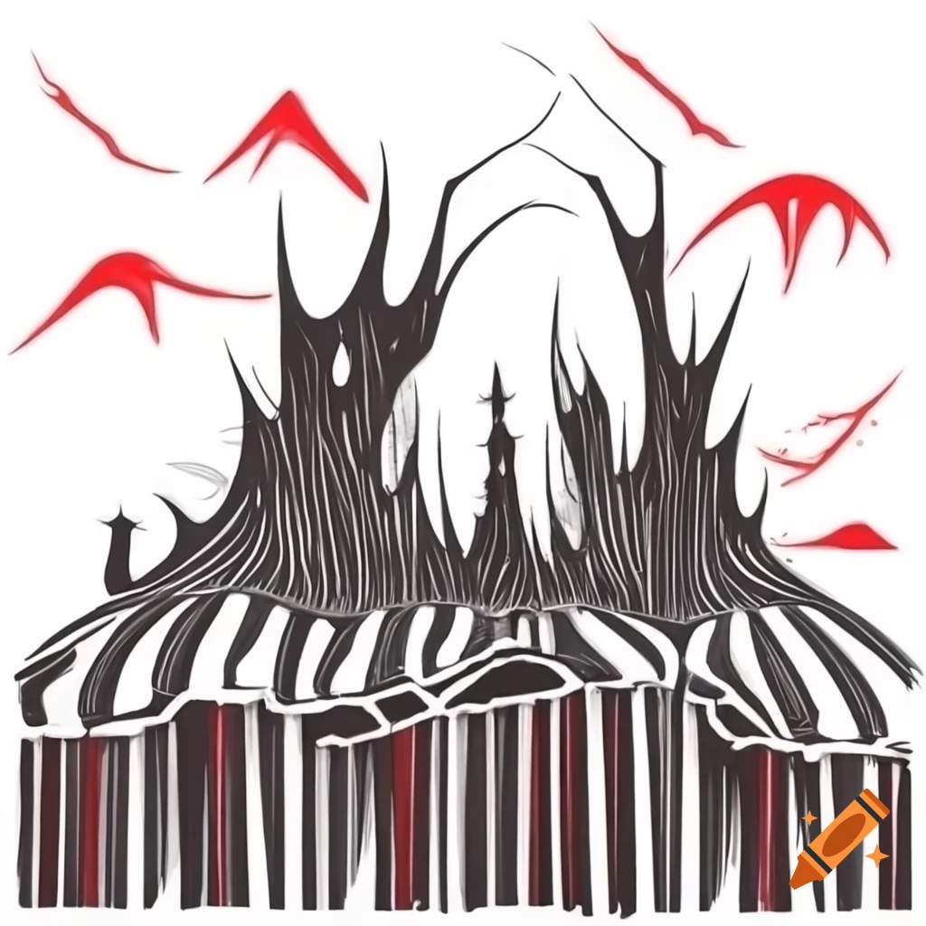 Dystopian gothic landscape ink drawing in black and red