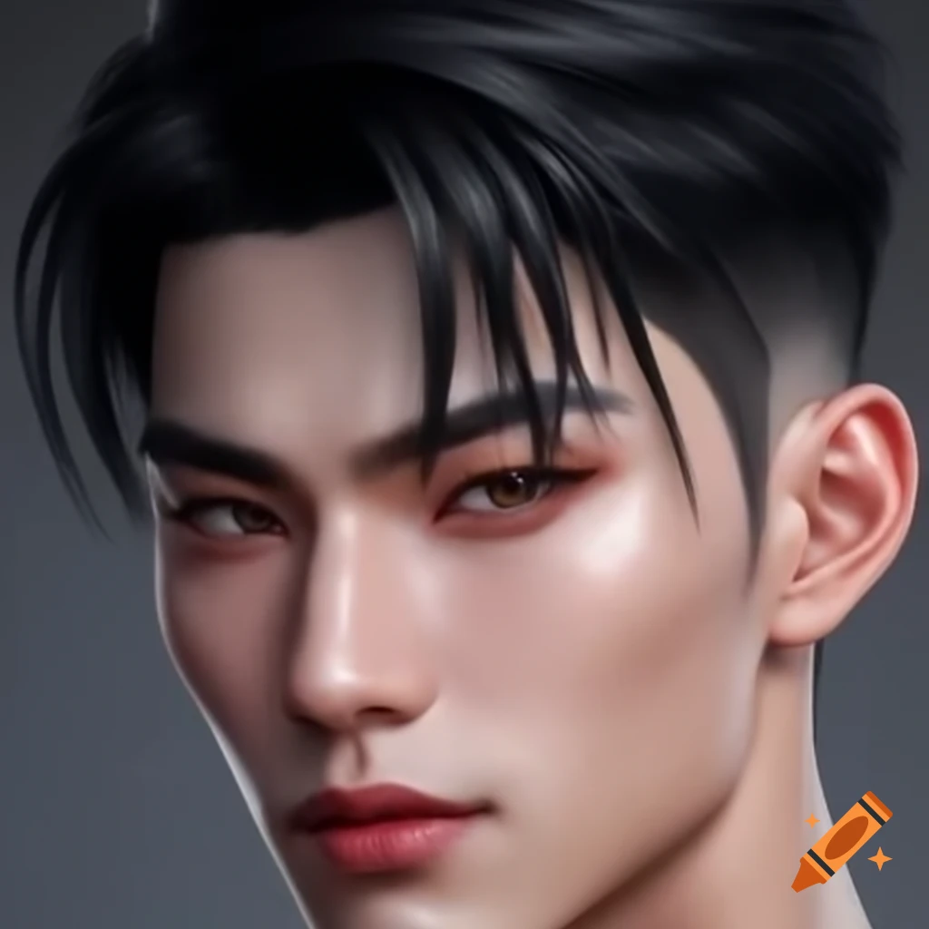 Handsome young Asian man with sharp features and black hair
