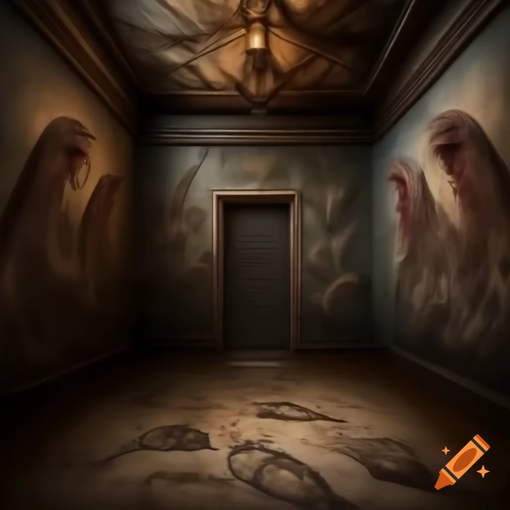 Realistic scary house interior with large room featuring demonic drawings on walls