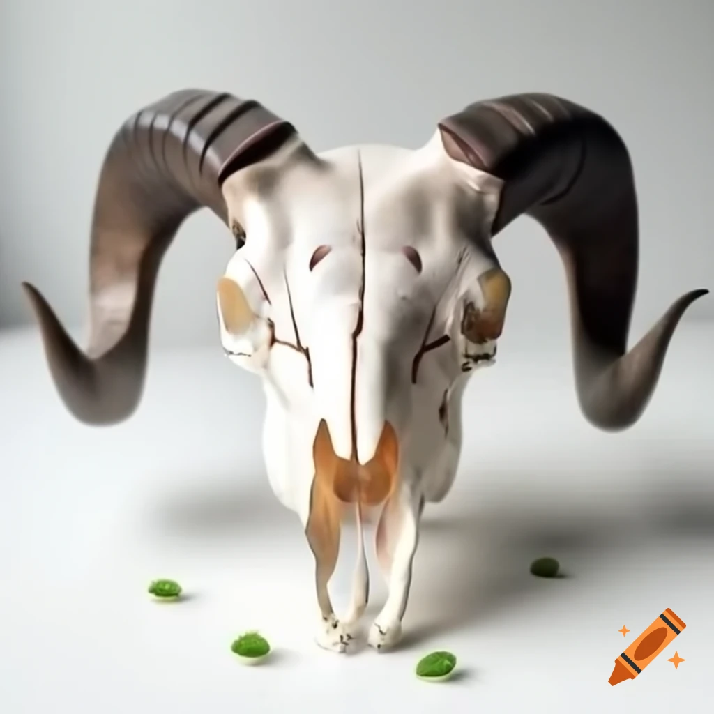 Realistic ram skull with green plants on white backdrop