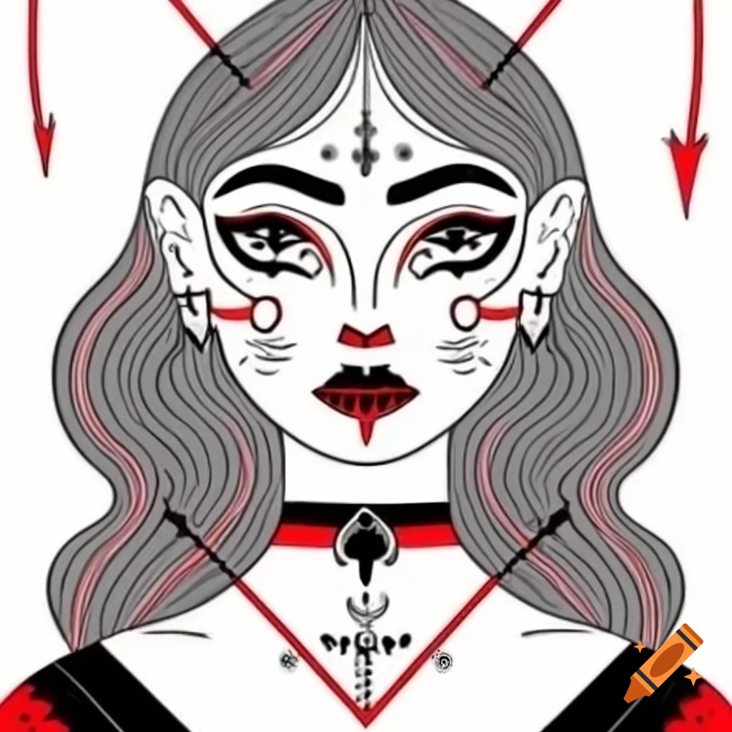 Gothic woman in fine liner drawing with black lines and red accents, pop art style