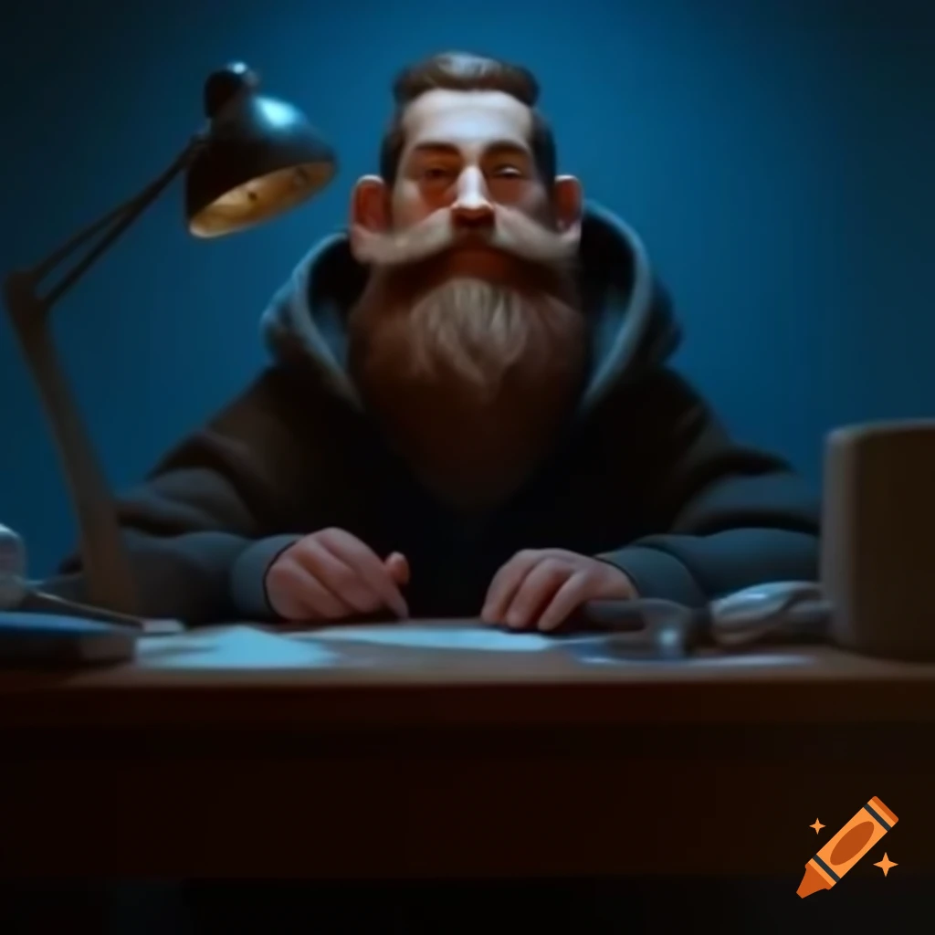 Designer with beard in hoodie sitting at table