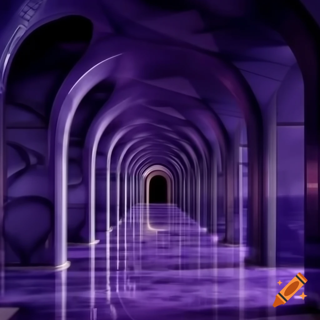 Violet marble hallways with sloped ceilings and glittering curved columns