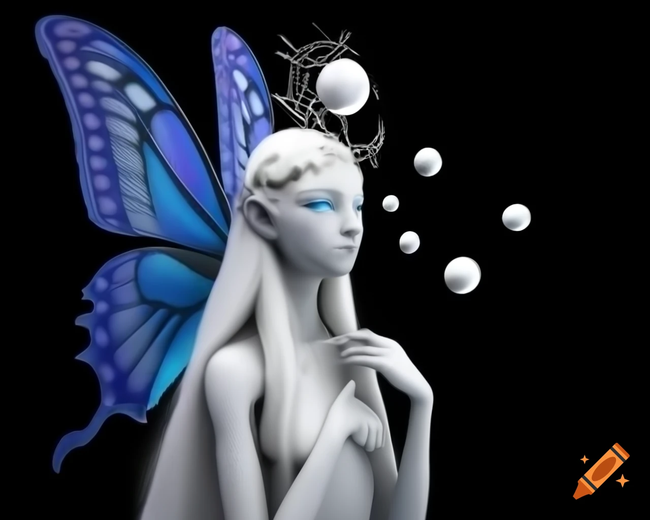 3D render of fairy with porcelain skin and butterfly crown, inspired by zbrush central contest