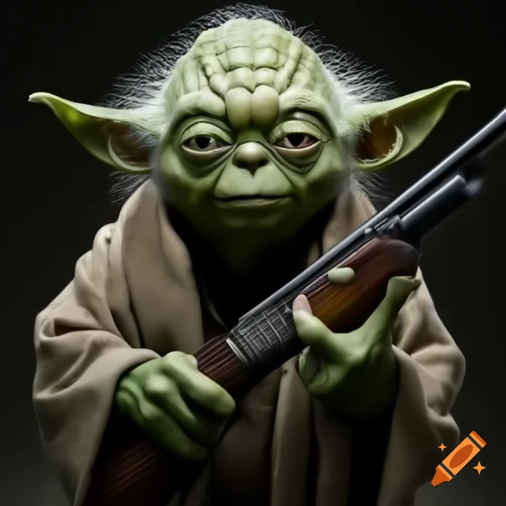 Yoda character holding a shotgun
