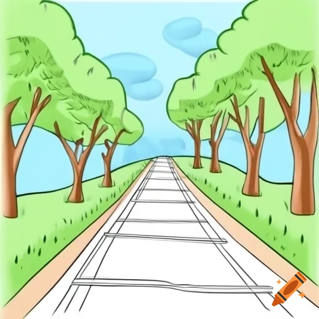 Drawing of a path transitioning from dark forest to bright plain