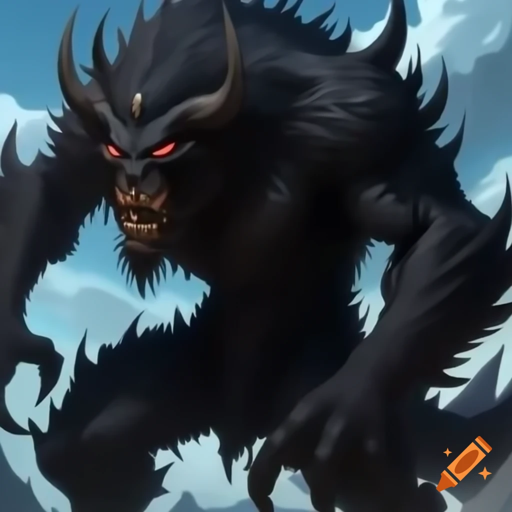 Shadowy beast with obsidian fur, red eyes, and imposing horns