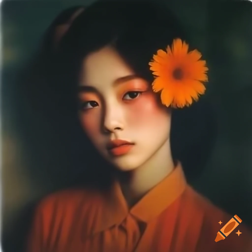 Hyper-realistic photograph of charming Asian woman from 1978 epitomizing innocent beauty