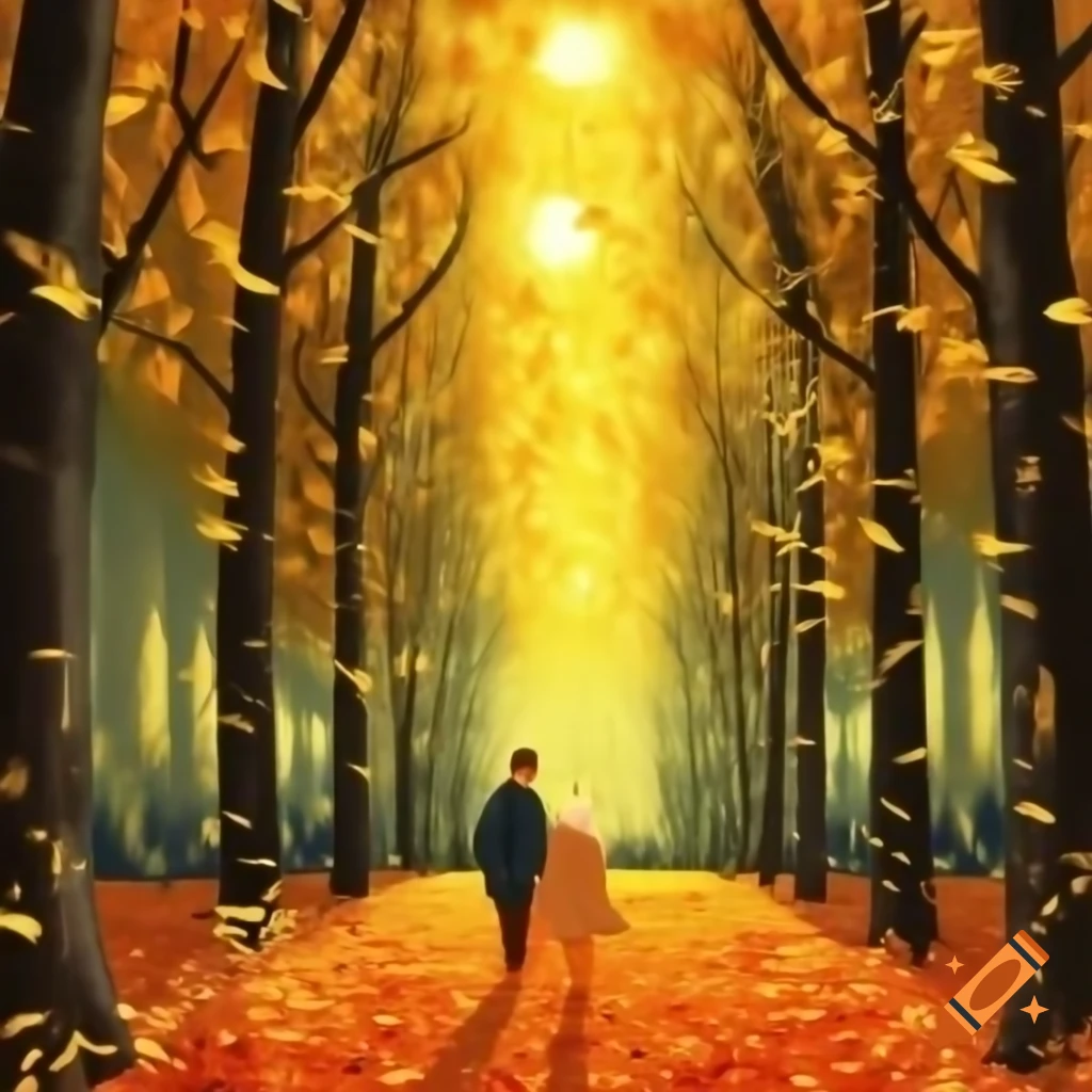 Couple walking through forest with golden leaves, sunlight shining, Van Gogh style