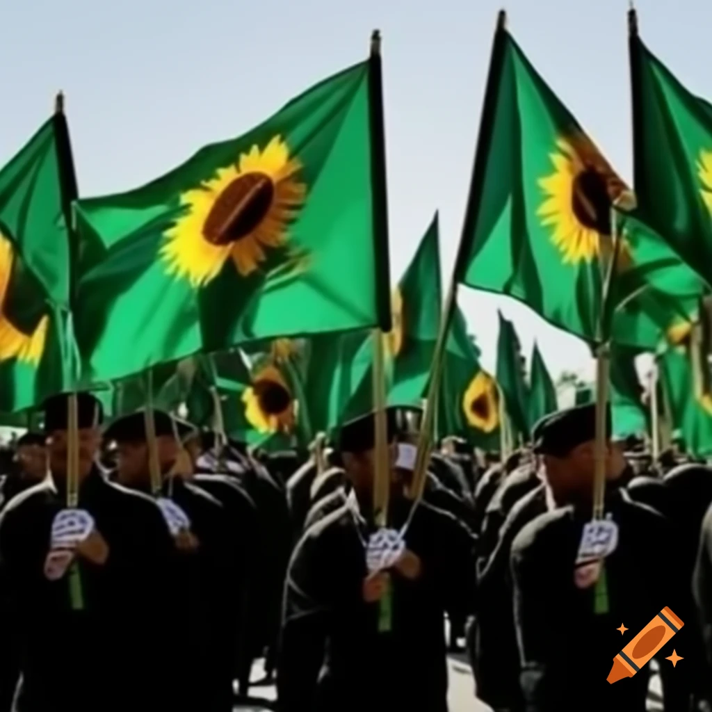 Group marching with green flags and sunflowers