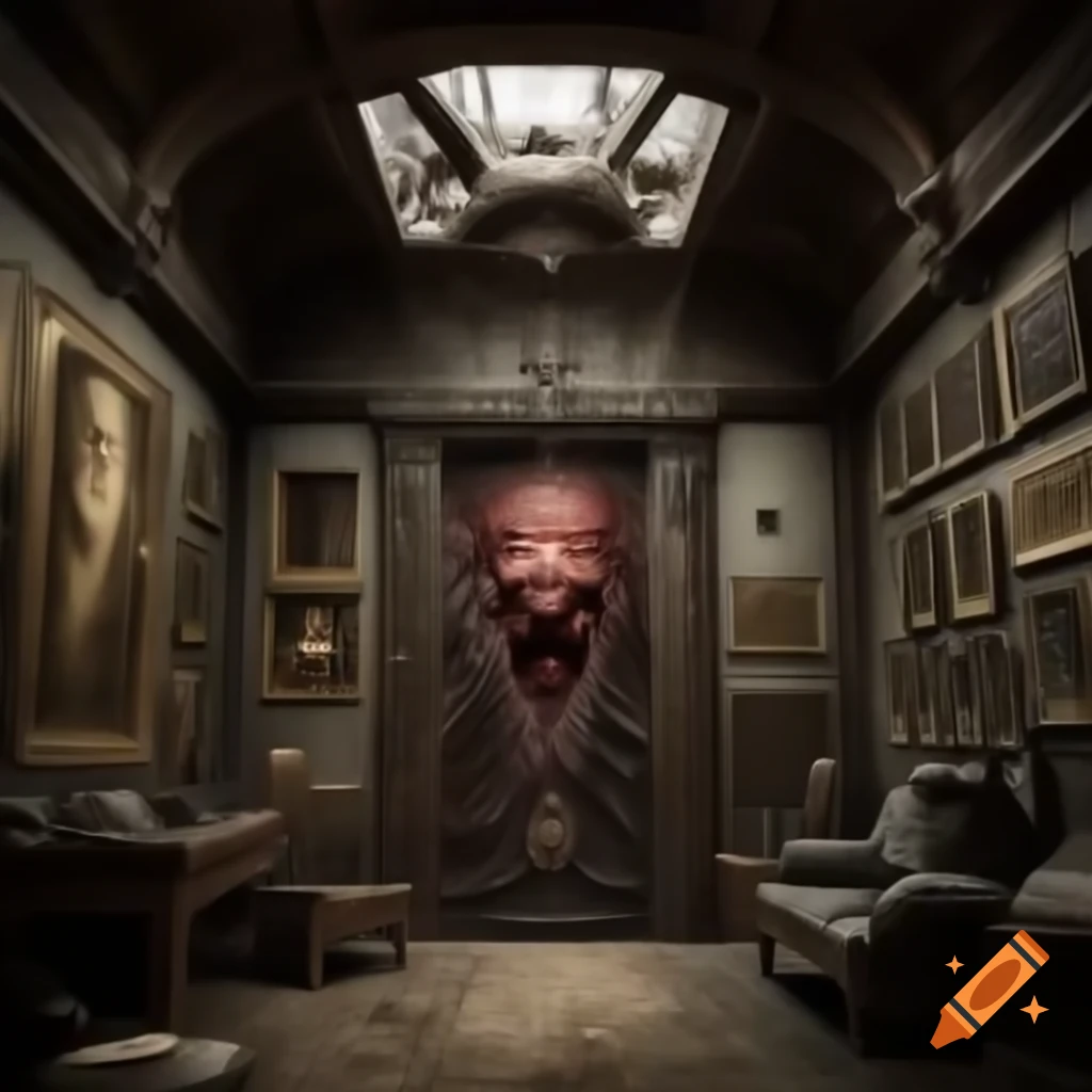 Realistic scary house interior with large room featuring demonic drawings on walls