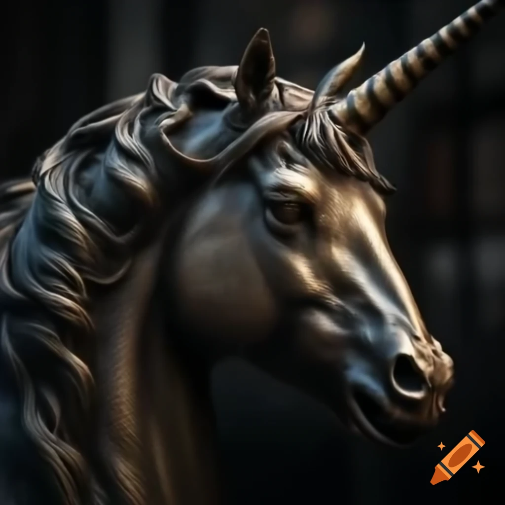 Bronze sculpture of an angry unicorn head