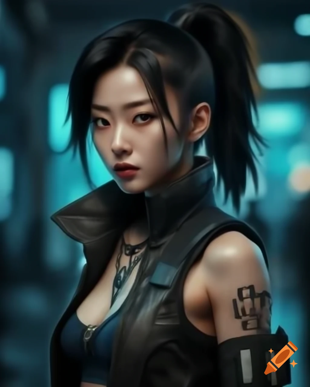 Hyperrealistic cyberpunk portrait of a young Korean woman with ponytail and lip gloss