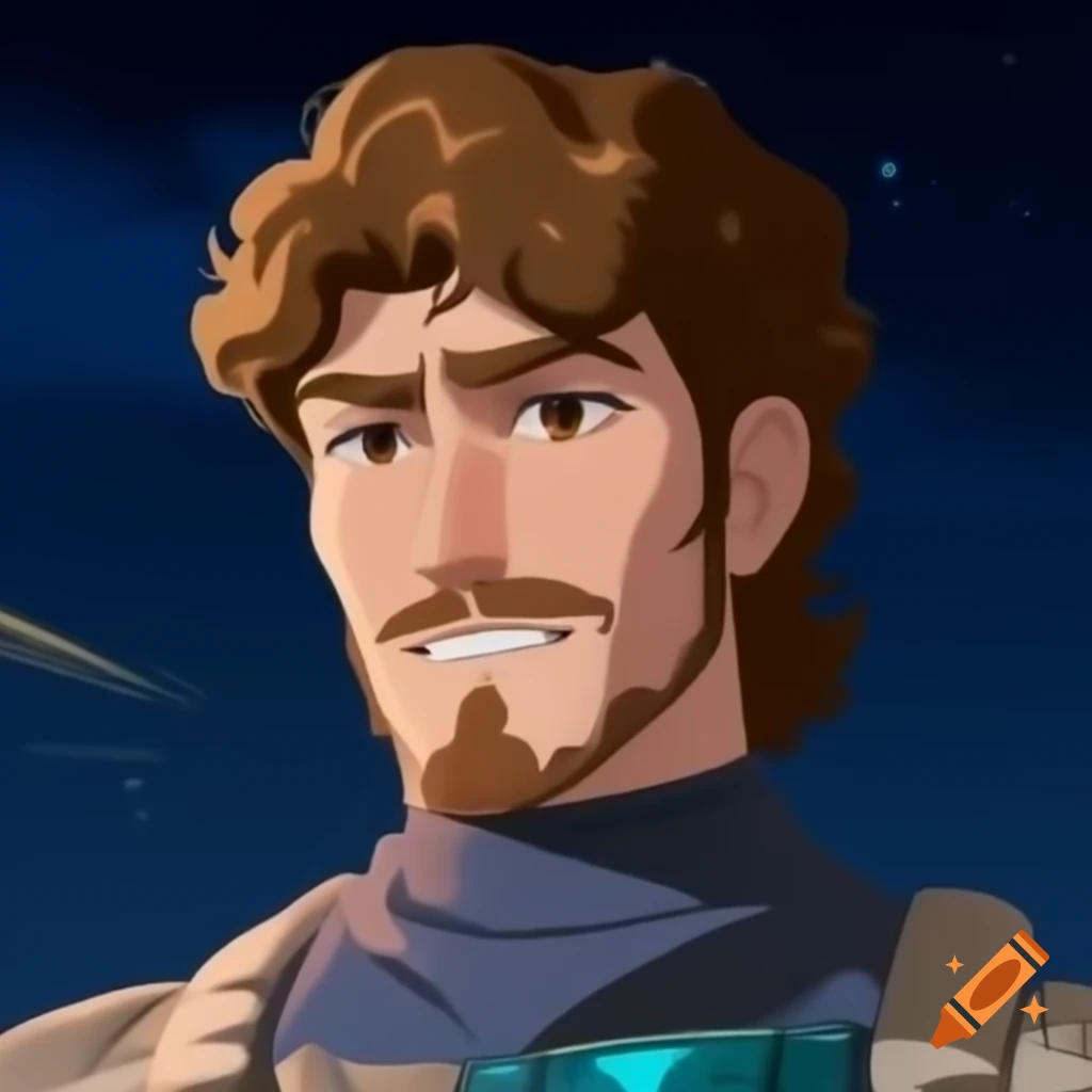 Anime space explorer with curly hair and advanced suit in starry void