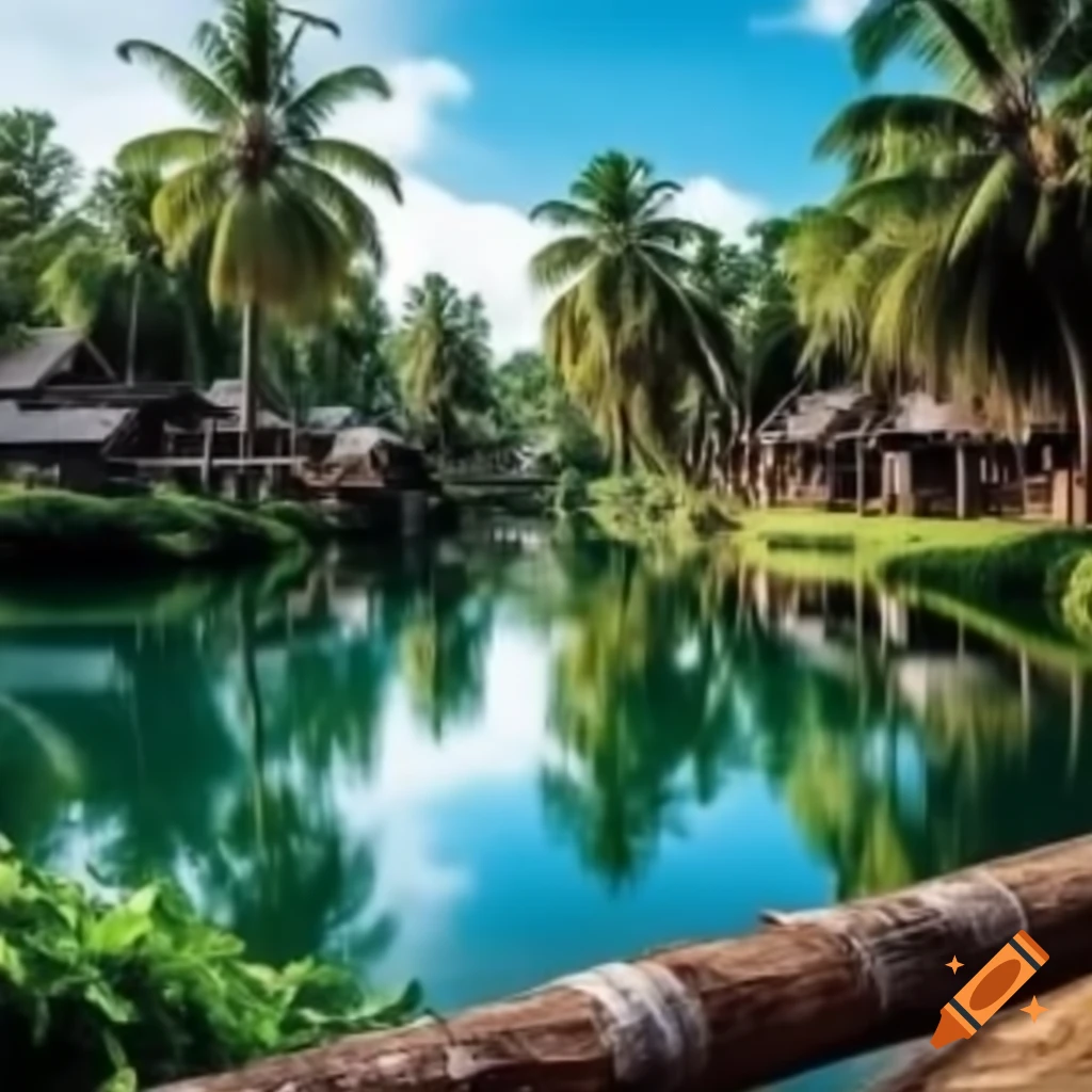 Beautiful village landscape with river and coconut trees