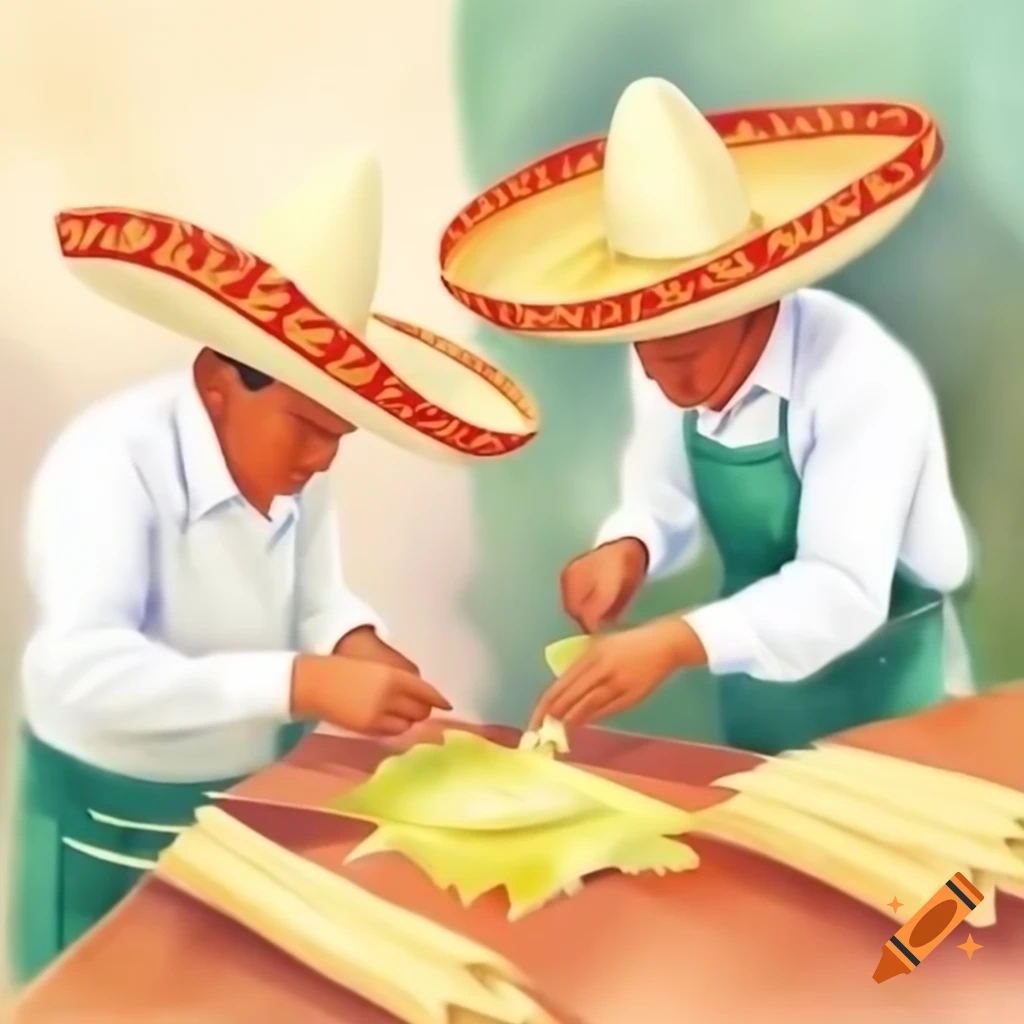 Diverse group making tamales in Spanish style painting