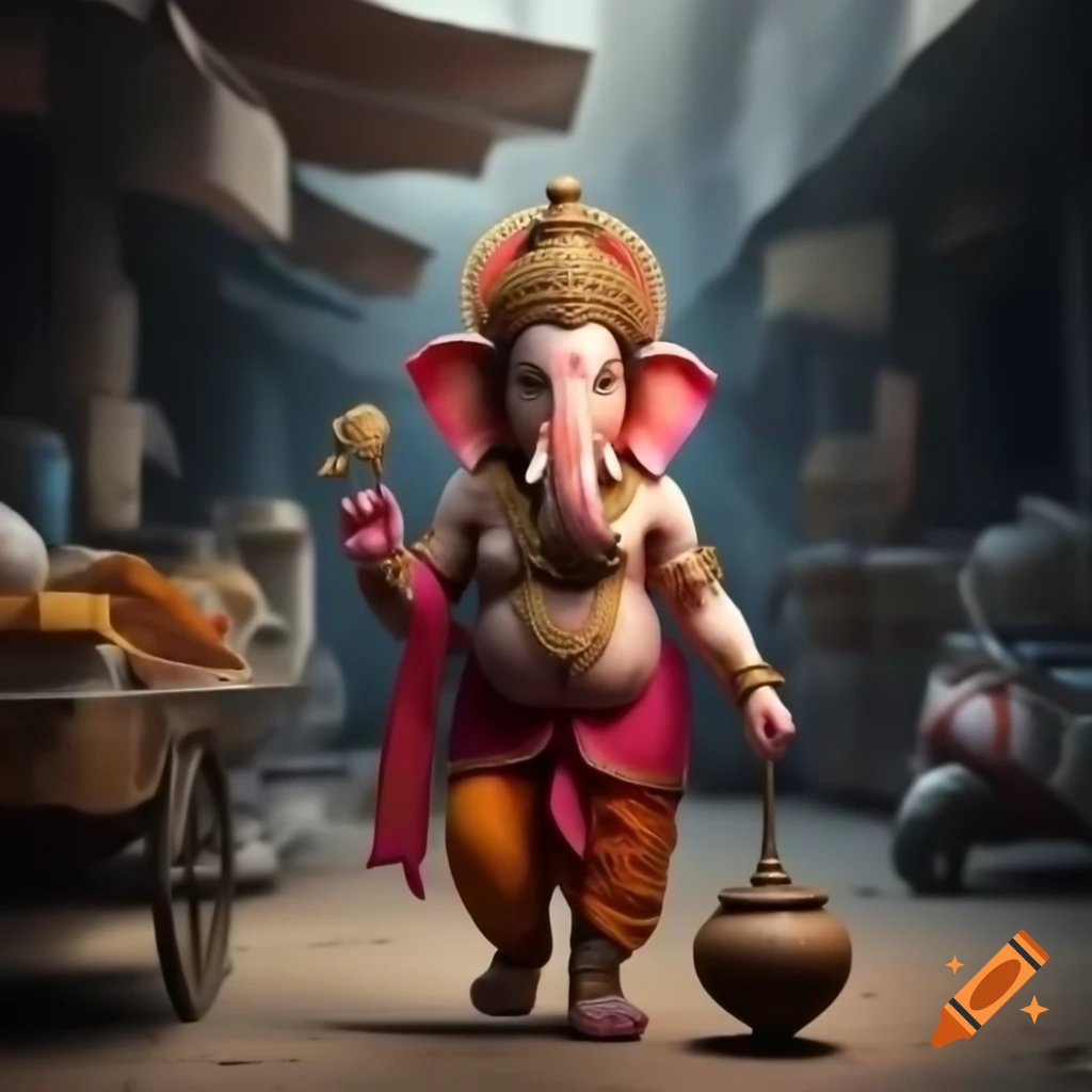 Bal Ganesha walking in vintage Indian market holding modak