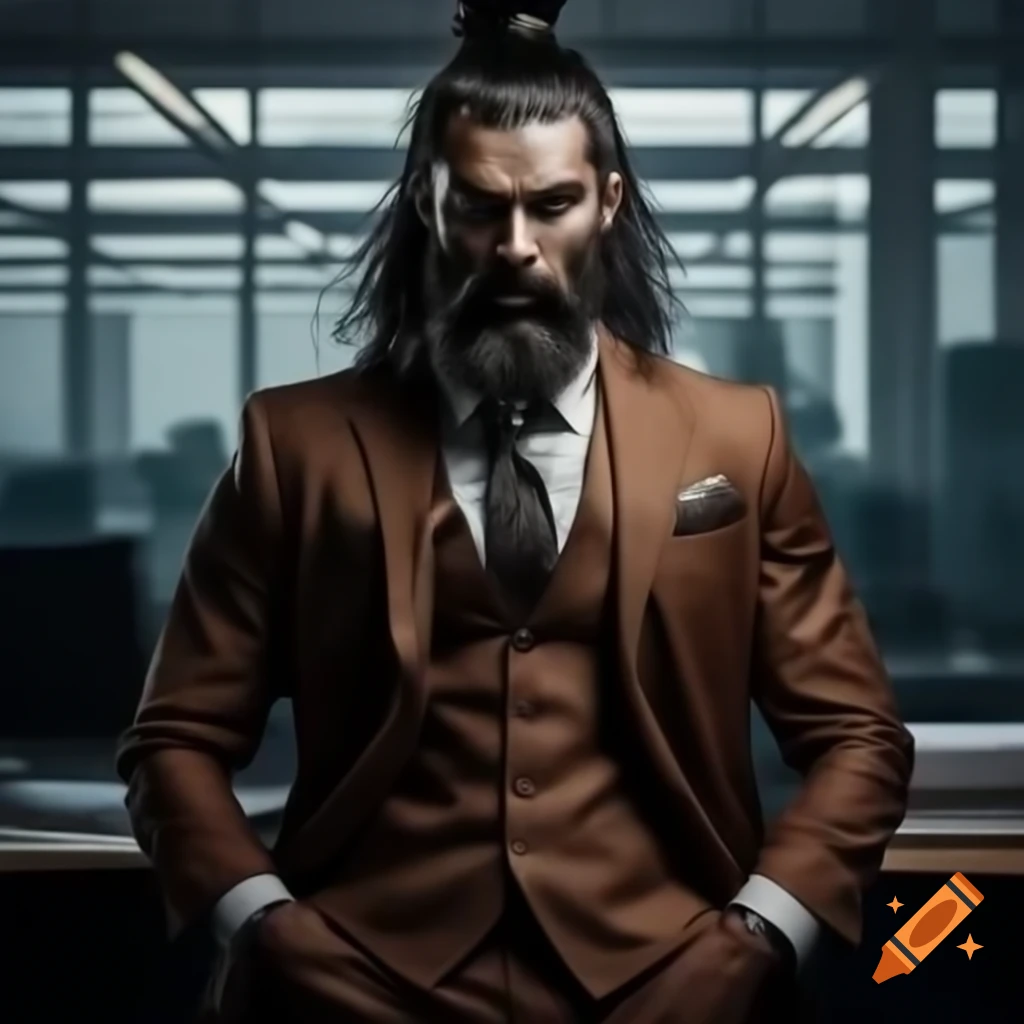 Photorealistic portrait of fit brown-skinned male model in office suit with arms crossed